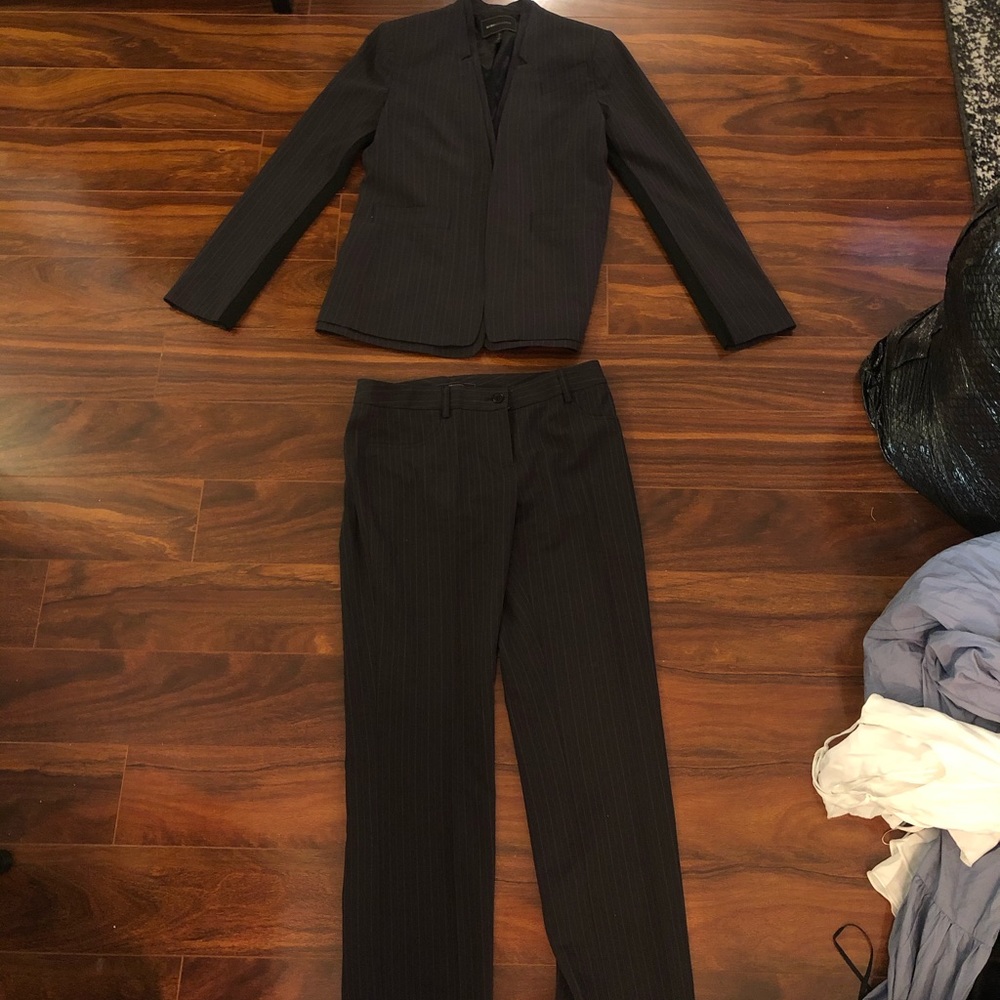 BCBG Maxazria black gray striped suit